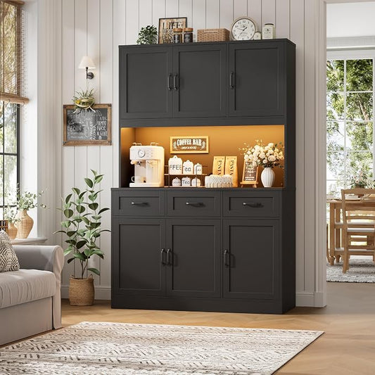 HOSTACK 72" Tall Kitchen Pantry Cabinet with Charging Station | LED Lights, 47" W Kitchen Pantry Storage Cabinet with Countertop, Modern Kitchens Hutch Cabinets with Storage for Dining Room, Black