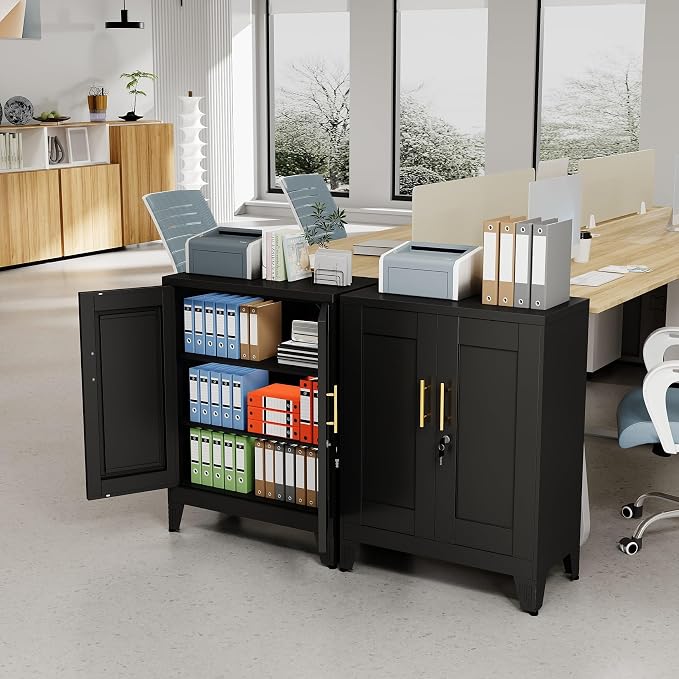 Black Metal Storage Cabinet, 36" Tall Locking Storage Cabinet with 2 Adjustable Shelves, Steel Locker Organizer, for Office, Home, School