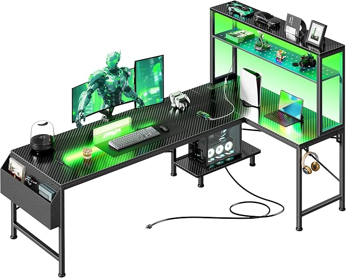 PRAISUN L Shaped Gaming Desk with LED Lights & Power Outlets, Reversible Computer Desk with Storage Shelves & Bag, Large Corner Home Office Desk with Pegboard for Work from Home, Carbon Fiber Black