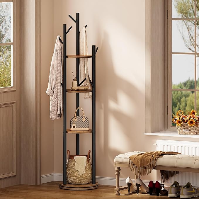 Espelism Rotary Coat Rack Freestanding Metal Coat Hall Tree Stand with 4 Tiers Storage Display Shelf and 9 Hooks for Entryway Bedroom Corner Office Garment Clothes Holder (Brown)