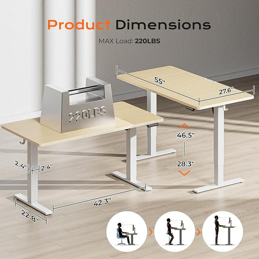Huuger 55 x 28 Large Electric Standing Desk, Height Adjustable Desk, 27.6" Deep Desktop, Stand up Gaming Computer Office Desk with 2 Hooks, 3 Preset Heights, for Home Office, Maple