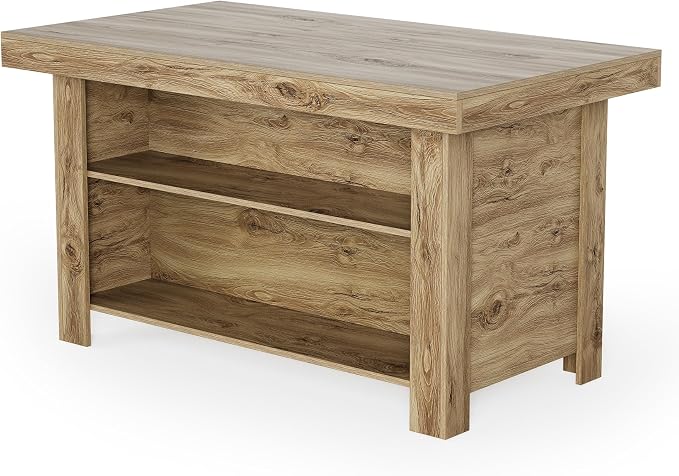 LITTLE TREE 55 Inches Kitchen Island with Storage, 3-Tier Farmhouse Wooden Stationary Island Table with Large Worktop & Leg Room, Modern Coffee Bar Table with Storage Shelf for Kitchen, Oak