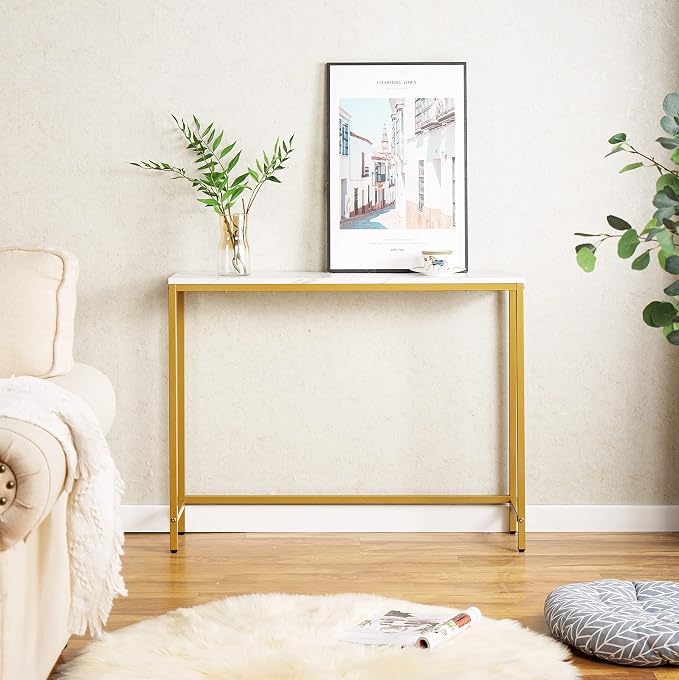 loglus Small Console Table for Entryway, Faux Marble MDF Sofa Table with Golden Frame, Single Layer, White Marble, 9.45" D x 38.19" W x 30" H