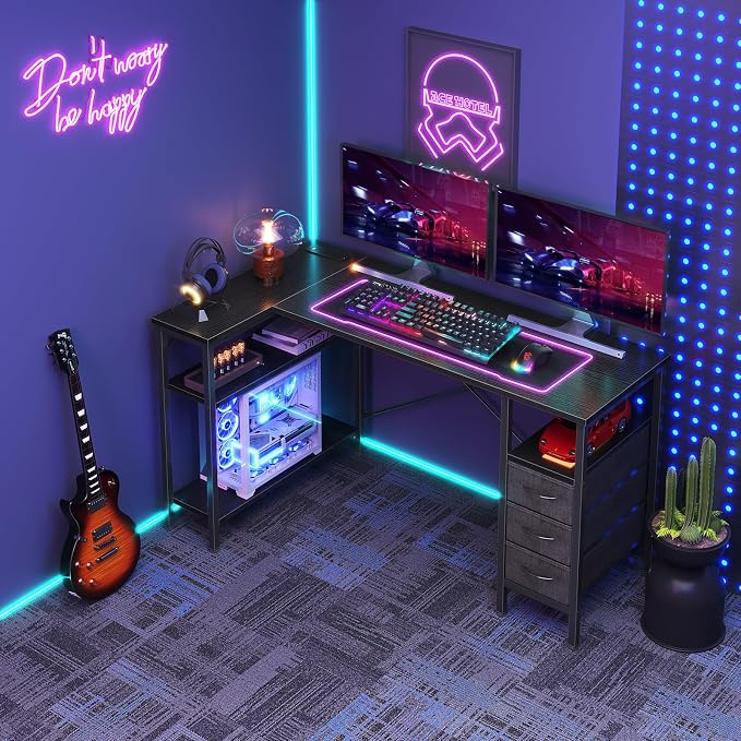 DUMOS L Shaped Desk with Shelf Drawers 55 Inch, Black Corner Computer Desks Gaming with Power Outlet, Study Table with Adjustable Shelves, Home Office Tables for Bedroom Teacher Reading Writing