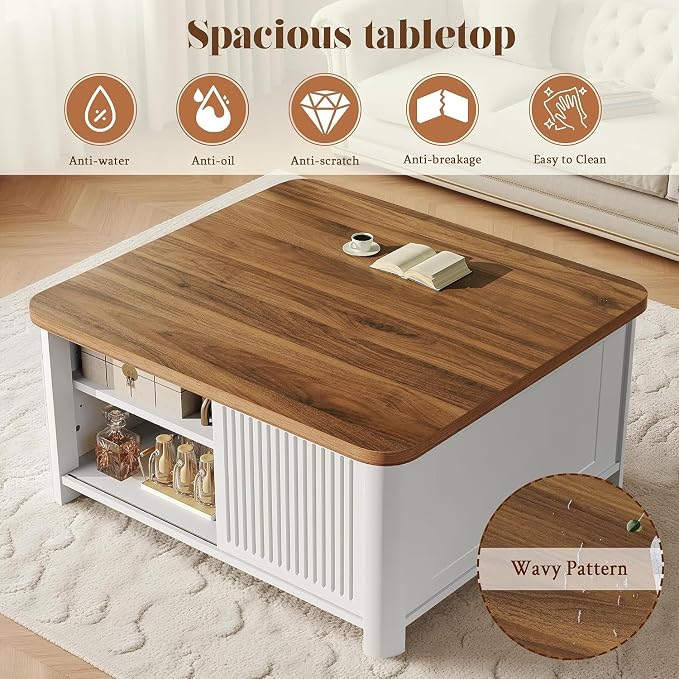 Decofy Lift Top Coffee Table with Storage Mid Century Modern Square Coffee Tables for Living Room, Large Hidden Storage Compartment, Adjustable Shelves & Sliding Door