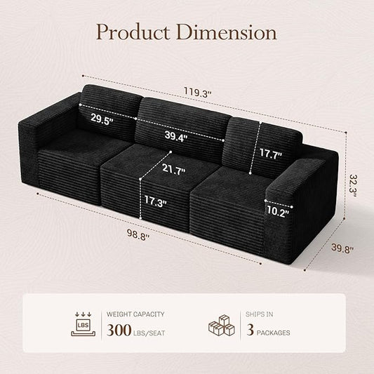 Vesgantti 119" Modular Sectional Sofa, Corduroy Cloud Couch with Deep Seating & Spring Support, 3 Seater Flexible Layout Sofa, Boneless Couch for Living Room & Apartment, No Assembly Required, Black