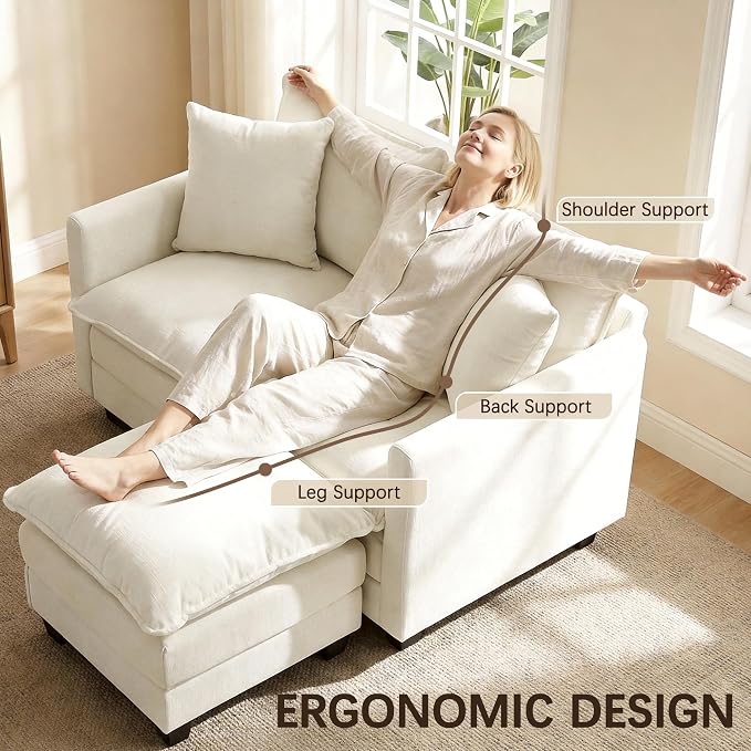 52" Loveseat Sofa, L-Shaped Cloud Couch with Ottoman, Comfy Chenille Love Seat with 2 Pillows, Small Loveseat for Small Spaces, Living Room, Bedroom,Apartment and Office, Beige
