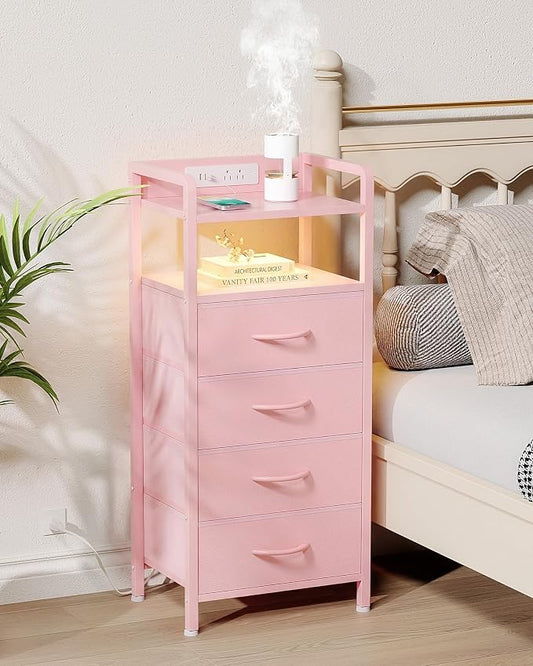 Lazzanto Night Stand Bedside Charger Bedroom - Nightstand with Charging Station & LED Light Strip, Night Stand with Storage Shelf & 4 Fabric Drawers, Morden End Table with USB Ports&AC Outlets,Pink