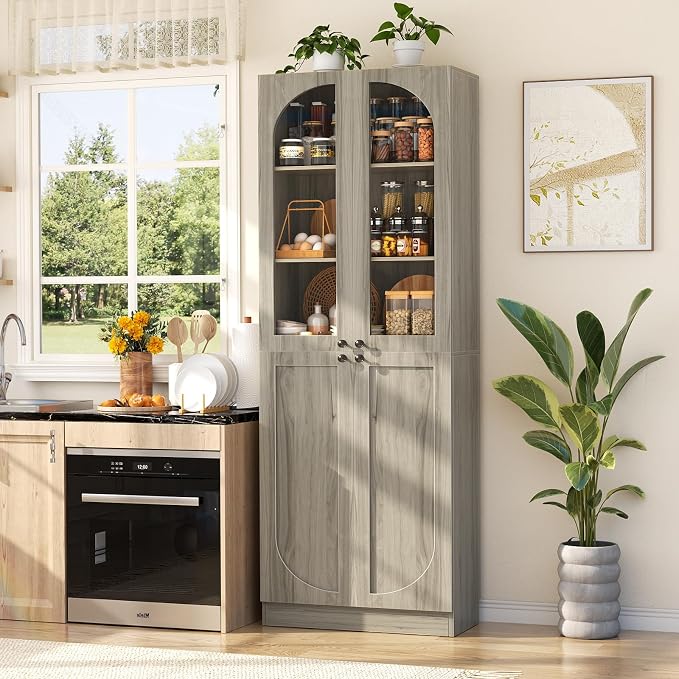 Cyclysio 80" Kitchen Pantry, Tall Arch Storage Cabinet with Tempered Glass & Soft Close Doors, Freestanding Wood Floor Cupboard Bookcase with Seamless Fit Wall for Dining Room, Living Room, Bathroom