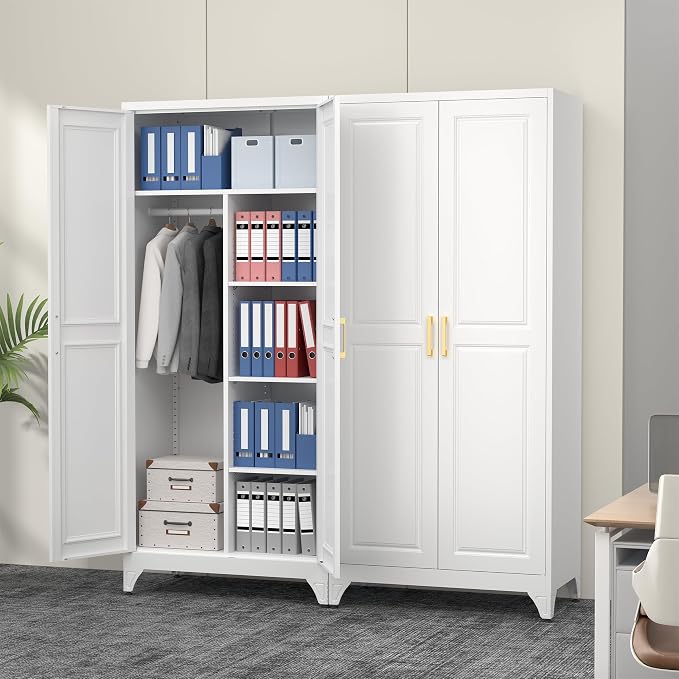 Polup Metal Armoire Wardrobe Closet, 71" Tall White Wardrobe Cabinet with 2 Doors, Hanging Rod and Adjustable Shelves, Steel Clothing Storage Cabinet for Bedroom, Home, Employee, Gym, Office