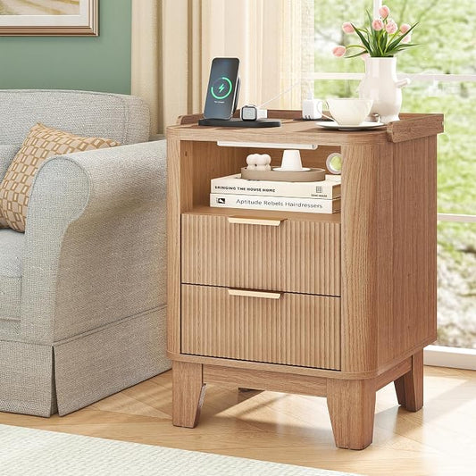 Turosur Night Stand with Charging Station, Fluted NightStand with LED Light and 2 Drawers, Wood Bedside Table with Open Storage, Modern