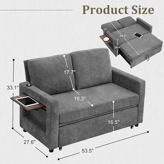 3 in 1 Folding Convertible Sleeper Sofa Bed Pull Out Couch with Side Pockets USB Port Side Table Loveseat Sofa Bed with Adjustable Backrest for Living Room Bedroom 66" Darkgrey 2 SEAT