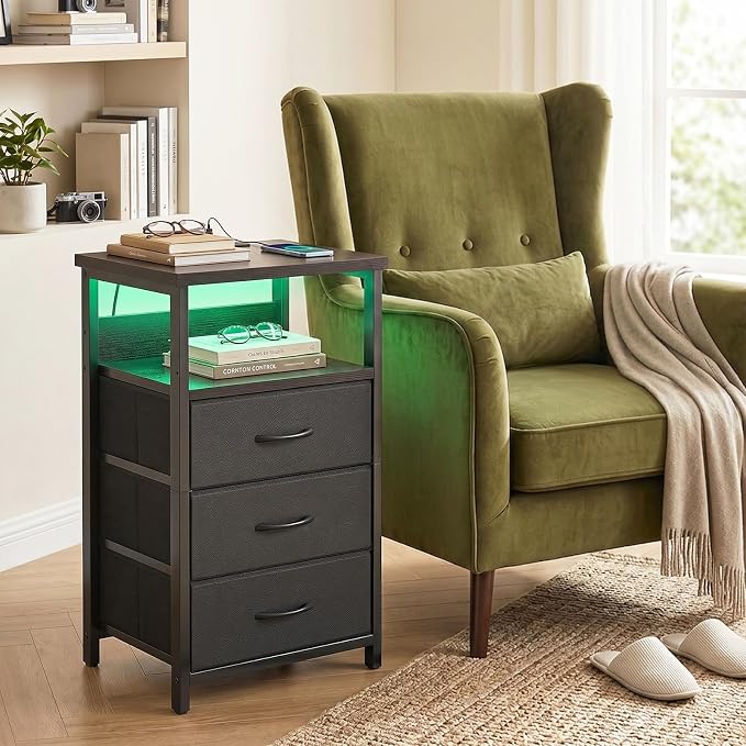 Fixwal Night Stand with 3 Fabric Storage Drawers, LED Nightstand with Charging Station, Bedside Table, Black