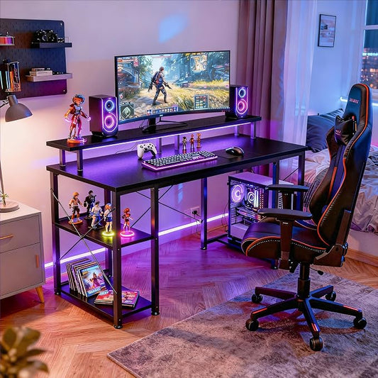 ODK 48 inch Gaming Desk with LED Lights, Computer Desk with Monitor Stand & Storage Shelves, CPU Stand, Home Office Desk, Black
