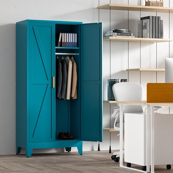 Washsemba 71'' Farmhouse Metal Wardrobe Cabinet with Hanging Rod, 2 Barn Door Wardrobe Closet with 5 Adjustable Shelves,Drawer,for Dining Room,Bedroom,Living Room, Cloak Room,Office (Peacock Blue)
