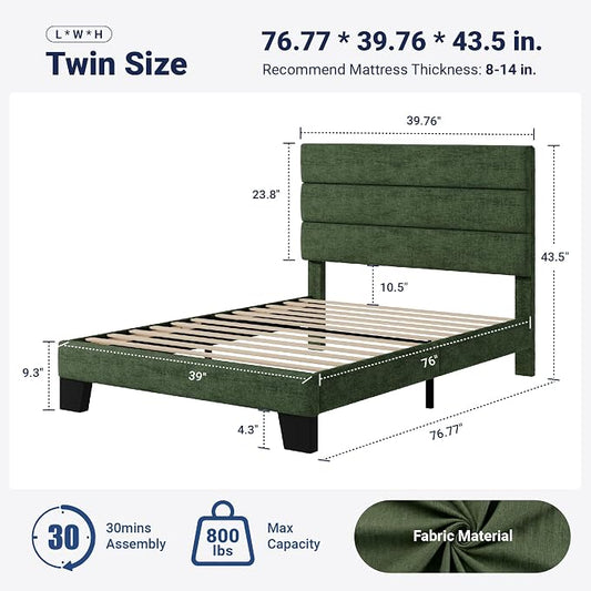 Allewie Twin Size Platform Bed Frame with Fabric Upholstered Headboard and Wooden Slats Support, Fully Upholstered Mattress Foundation/No Box Spring Needed/Easy Assembly, Green
