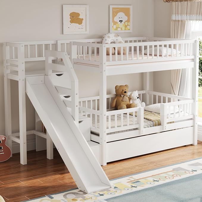 RUNNA Twin Over Twin Bunk Bed with Slide,Trundle,Storage Stairs,White | Twin over twin bunk bed with slide, trundle, storage stairs,solid pine wood frame,guardrails no box spring needed,White