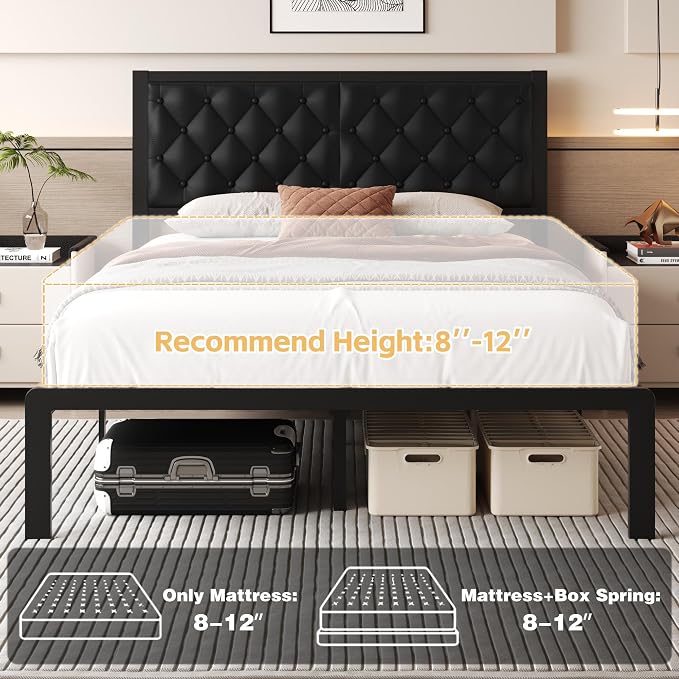 Fluest Queen Bed Frame with Headboard PU Leather Upholstered Bed Frame Platform,All Metal Slats Support Platform Bed Frame with Storage Space,Easy Assembly,Noise Free,No Box Spring Needed,Black