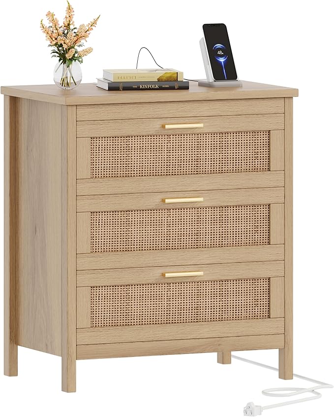 Keehusux Rattan Nightstand with Charging Station, 23.6" Wide Bedside Table with 3 Drawers, Boho Night Stand with Metal Handles, Accent End Table for Bedroom, Guest Room, Natural