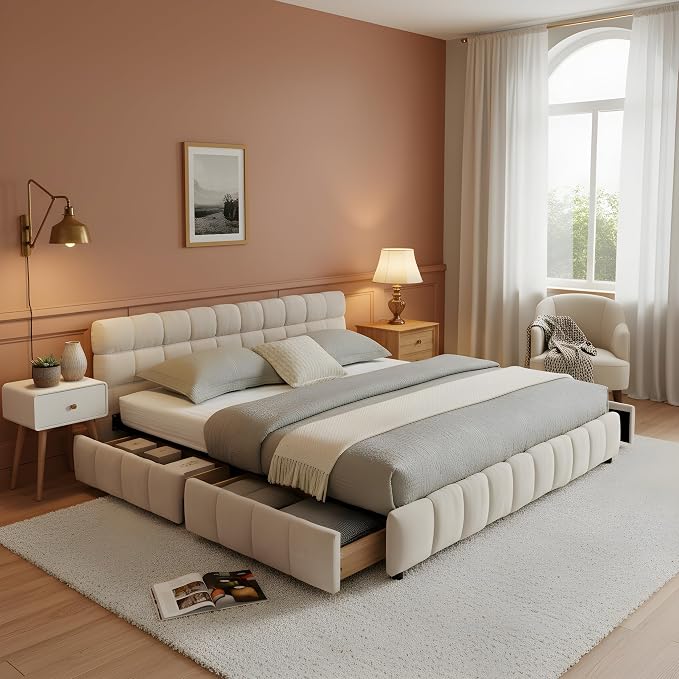 KEIKI Queen Thick Chenille Bed Frame with 4 Storage Drawer & Upholstered Tufted Headboard, Modern Solid Wood Floor Platform for Bedroom, No Box Spring Needed