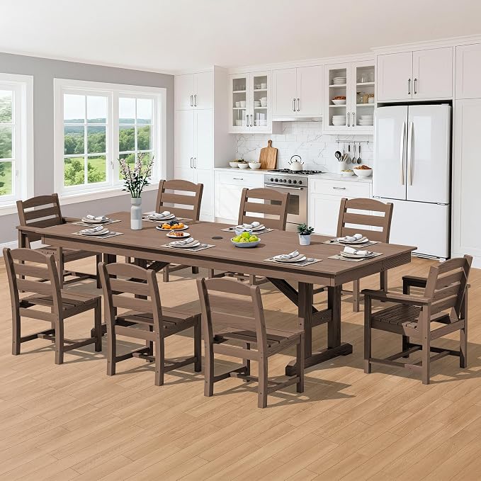 SERWALL 9 Piece 84" HDPE Outdoor Dining Set with 6 Armless Chairs, 2 Armchairs and Umbrella Hole for 8, Brown