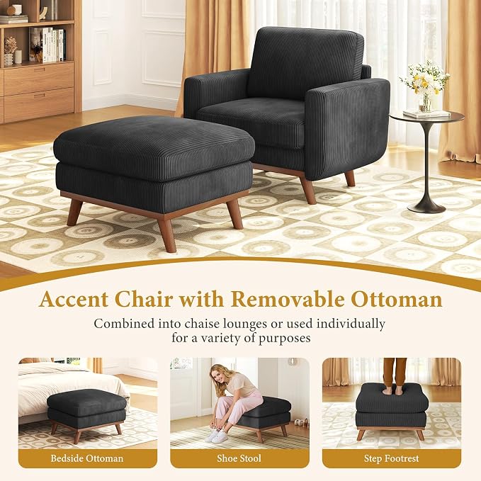 Vesgantti 38.5" Accent Chair with Movable Ottoman, Comfy Corduroy Armchair with Spring Cushion, Reading Chair with Ottoman, Modern Single Sofa for Living Room, Bedroom and Apartment, Black