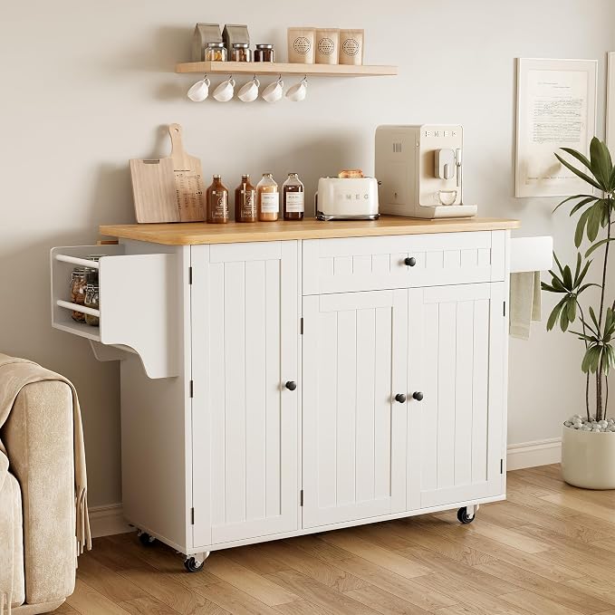 GRUSIGN Kitchen Island with Storage, 41.7" Rolling Cart with Drop Leaf, Portable Island Table on Wheels, Spice Rack, Towel Rack and Drawer, White, 41.7" L x 29.5" W