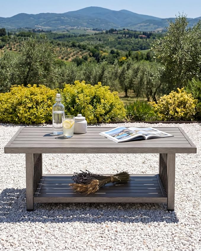 Outdoor Coffee Table, Never Rusts Aluminum Rope Weave Patio Coffee Table, Weatherproof 2-Tier Rectangle Outdoor Patio Table with Adjustable Feet for Garden, Pool, Outside, Decks, Gray Oak