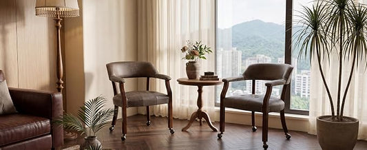 LEEMTORIG Set of 2 Dining Chairs with Casters and Arms, Rolling Dining Chairs with Wheels for Elderly, Ergonomic Wide Seat Wooden Office Chair, 26" Dx25.2 W, Cherry Legs&Dark Brown Fabric SY-1533-DK
