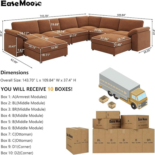 EASE MOOSE Oversized Sectional Modular Sofa, Large u Shape Sectional Couch Wide Deep Brown Modular Sofa Couch