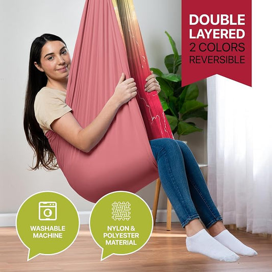Indoor Sensory Swing for Kids or Outdoor – Holds 300lbs, Double-Layer, & 360° Swivel, Calming Compression Therapy Swing Hammock for Kids & Adults with All Hardware – Sensory-Motor Toys & Gifts