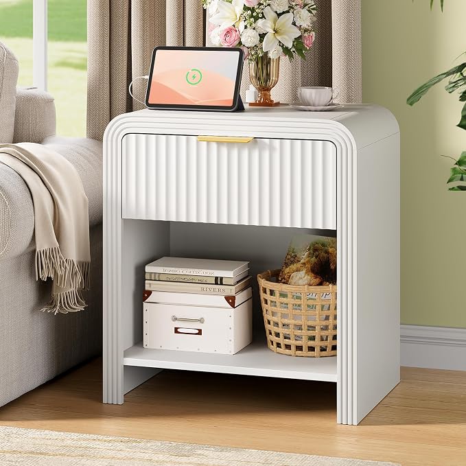 Decofy Fluted Nightstand with Charging Station, Modern Bedroom Side Table with Gold Handles, Curved Profile Design, End Table Wood Organizer for Bedroom, Open Shelf & 1 Drawers (2 Pack, Pure White)