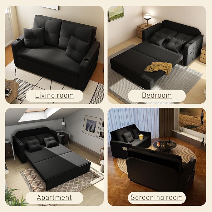 Krcix 3 in 1 Sofa Bed, 56 Inch Convertible Pull Out Couch, Loveseat Sleeper Sofa with Cup Holders, USB, Side Pockets, Multi-Function Couch Bed for Living Room, Apartment, Black