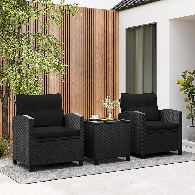 Tangkula 3 Piece Patio Furniture Set, Rattan Conversation Set w/Soft Seat & Back Cushions, Tempered Glass Topped Coffee Table, Cushioned Wicker Seating Set for Backyard, Porch, Poolside (Black)