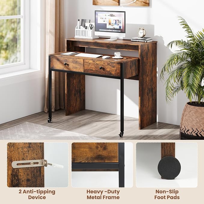 Giantex Small Computer Desk with Hutch & Drawers, Extendable Writing Desk w/Pull Out Secondary Table, Monitor Stand & Rolling Wheels, Console Table, Compact Desk for Small Spaces (Rustic Brown)