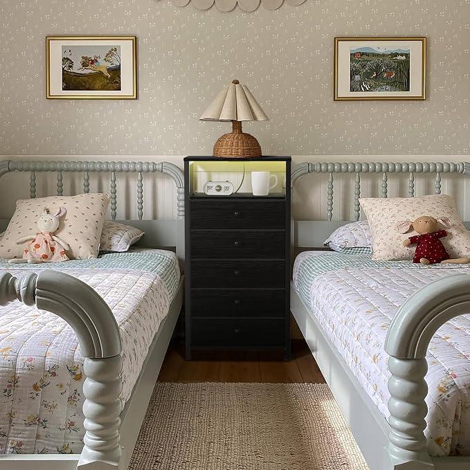 BOLUO Black Dresser with 5 Drawers Tall Nightstand with Charging Station and LED Light, Bedside Table Room Storage Drawers Closet