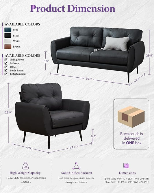 TYBOATLE Sofa Couch 61" Small Loveseat Couches for Living Room Leather Couch Mid Century Modern Tufted Mini Sofa Comfy Office 2 Seat Settee Love Seat for Small Spaces Bedroom (2, Black)