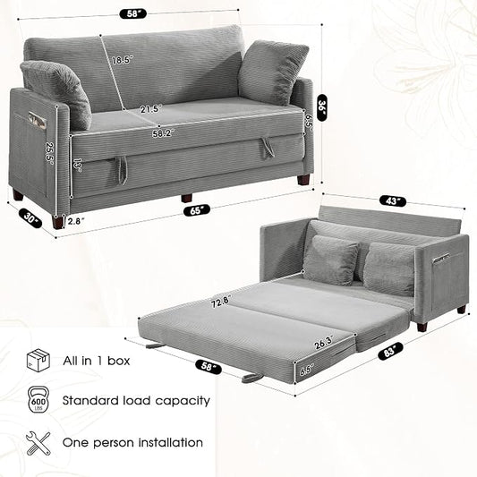 65" Convertible Loveseat Sofa Bed, 2-in-1 Folding Sofa Bed with 2 Pillow for Small Spaces, Modern Loveseat Sleeper Couch for Apartment, Living Room & Guest Room (Corduroy Light Grey, 65 inch)