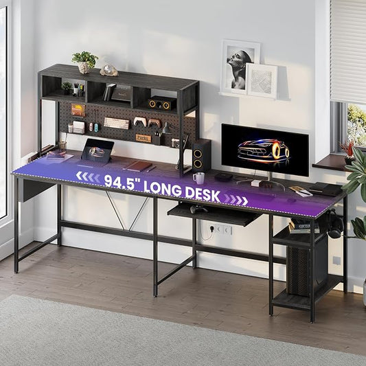 DUMOS 67" L Shaped Gaming Desk, Reversible Computer Desks with LED Lighting, Corner Desk for Compact Spaces with Keyboard Tray & Storage Shelf, Metal Frame PC Gaming Table for Home Office, Gray