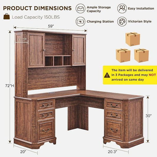 T4TREAM 59" Executive L Shaped Desk with Hutch,Victorian Wood Computer Desk, Featuring Charging Station,File Drawer, Storage Cabinet,for Home Office Work and Study (Reclaimed Barnwood)