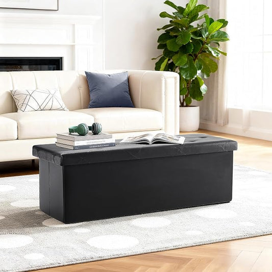 DUMOS 43 Inches Foldable Storage Ottoman Bench, Foot Rest Stool, Synthetic Leather Storage Chest with Thicker Foam Padded Seat for Entryway Living Room, Modern Black
