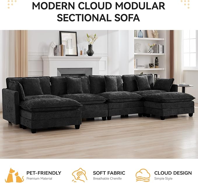 147'' Modualr Sectional Cloud Deep Seat Couch, Oversized Chenille U Shaped Sectional Sofa for Living Room Set, Comfy Upholstered Modular Sectional Sofa Couch with 2 Movable Ottoman, Dark Grey