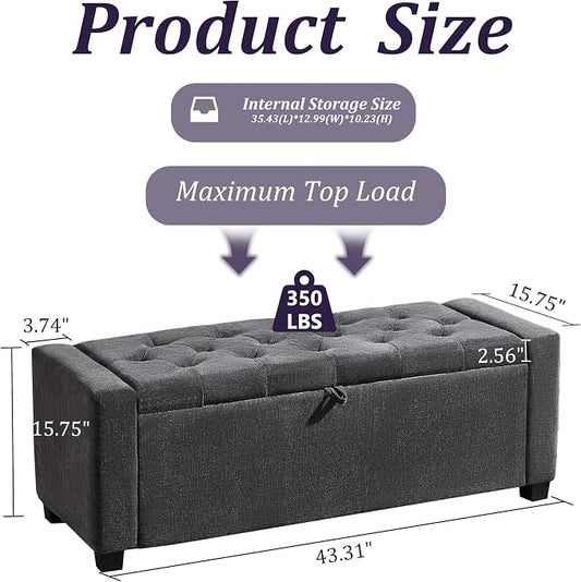 Royal Windsor Ottoman with Storage,Tufted Storage Bench with Safety Hinge,Holds up to 350 lb,Upholstered Bench with Seating for Bedroom, Living Room,Entryway,Linen Dark Gray