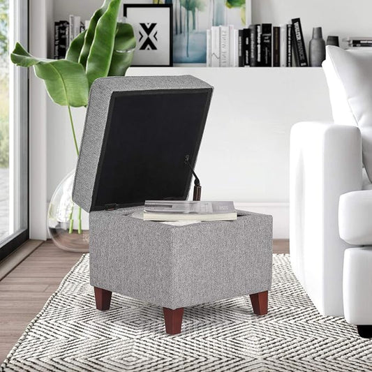 Adeco 17 Inch Square Linen Storage Ottoman for Living Room & Bedroom, Small Upholstered Footrest Stool with Hinged Lid and Wood Legs, Modern Accent Furniture, Light Gray