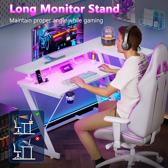 Korfile 40 Inch Gaming Desk with Power Outlet & LED Lights, L Shaped Computer Gaming Table with 3 Tiers Storage Shelves, Corner Gamer Desk with Monitor Stand for Small Space, Carbon Fiber White