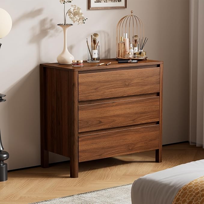 Furniway 31.5" Mid-Century Modern Dresser for Bedroom, 3 Drawer Small Chest of Drawers with Wood Legs, Large Storage Bedroom Dresser, Walnut
