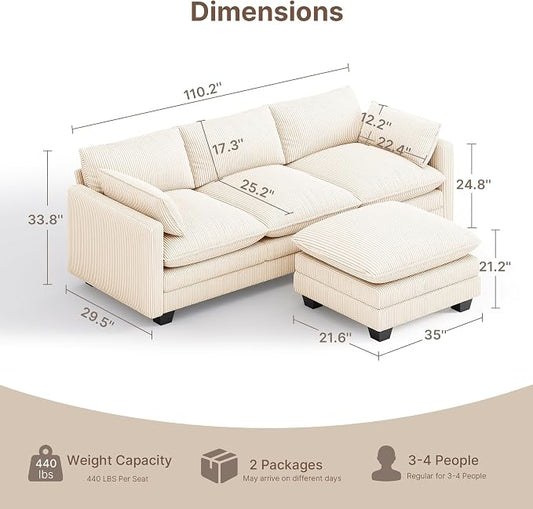 Gizoon 110'' Oversized L Shaped Couch for Living Room, Cloud Couches with Washable Corduroy Cover, Modern 4-Seater Comfy Deep-Seat Sofa with Movable Ottoman and 2 Throw Pillows for Apartment, Beige