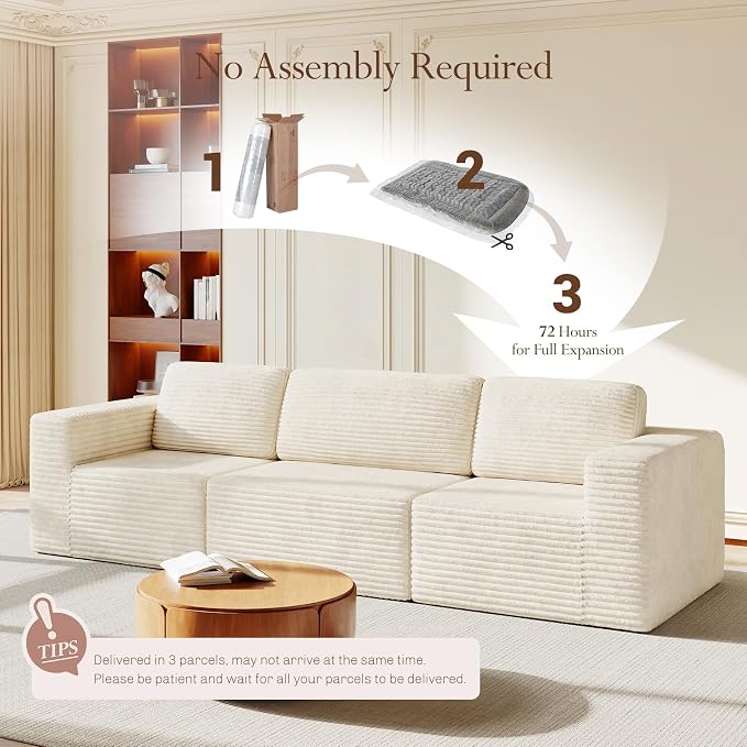 Vesgantti 119" Modular Sectional Sofa, Corduroy Cloud Couch with Deep Seating & Spring Support, 3 Seater Flexible Layout Sofa, Boneless Couch for Living Room & Apartment, No Assembly Required, Beige