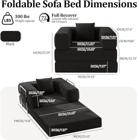 Single Couch Sofa for Small Spaces 2 in 1 Convertible Sleeper Sofa to Lounger Comfy Bean Bag Chair for Adults Removable Cover with Pillows for Bedroom, Apartment, Office, Black, 35.43" Single Sofa