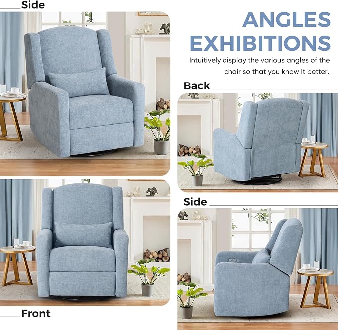 Power Recliner Chair Swivel Glider, Large Nursery Glider with Ottoman & USB Charging Port, Chenille Upholstered Rocker Glider Recliner for Nursery,Living Room, Blue